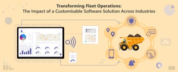 Illustration of a customizable fleet management software interface showcasing live tracking, truck status, distance covered, and fuel level, symbolizing the software's features and its applications across industries.