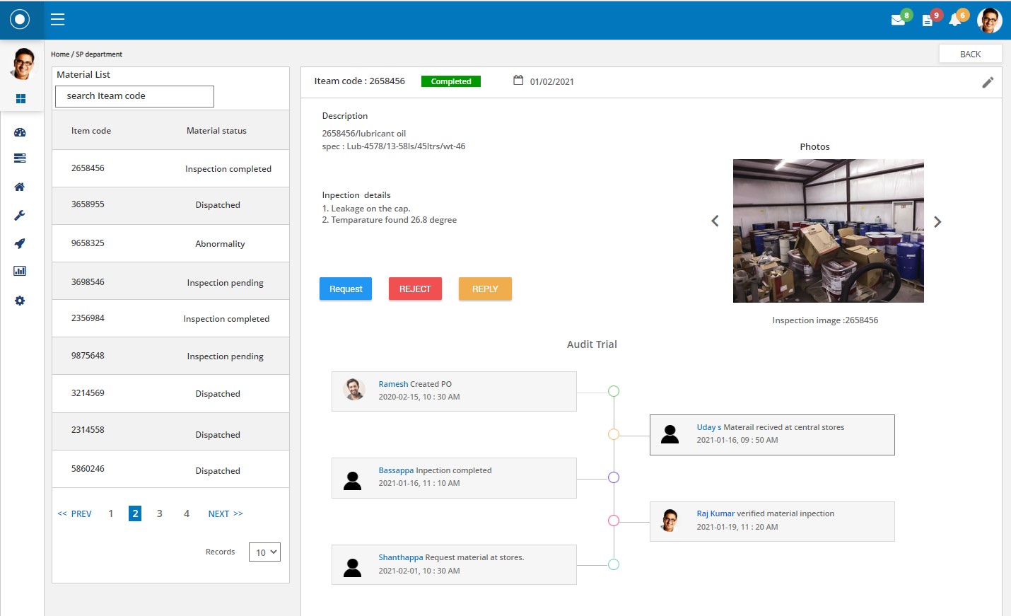 Detailed audit trail to track the inspection status of different items in the inventory.