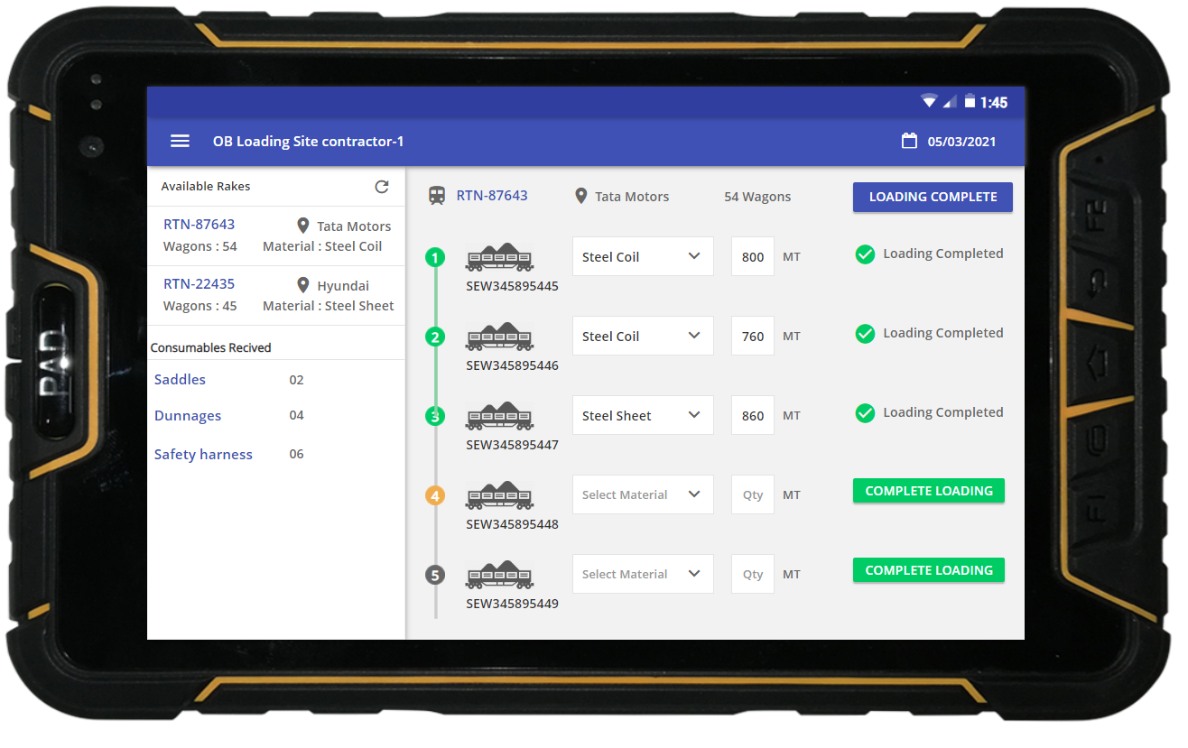 Mobile app for rake inspection, loco allotment and track the status of loading materials